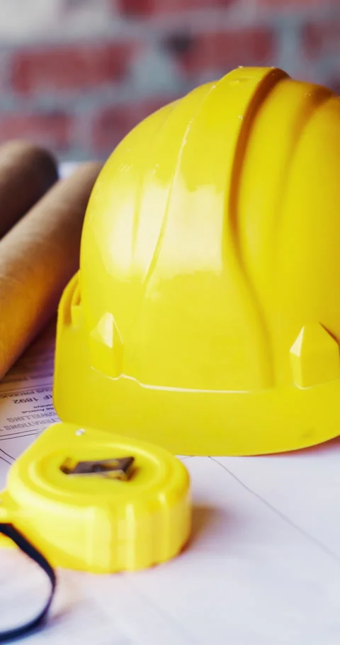 Helmet, architecture and blueprint on table with safety documents, construction Stock Footage 336851047