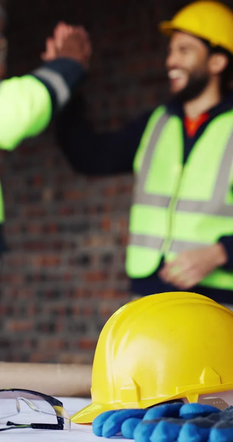 Helmet, architecture and ppe on table for safety, construction site or building Stock Footage 336844540