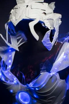 Helmet, bionic armor with blue LED lights and plastic materials Stock Photos