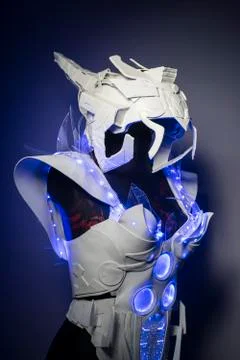 Helmet, bionic armor with blue LED lights and plastic materials Stock Photos