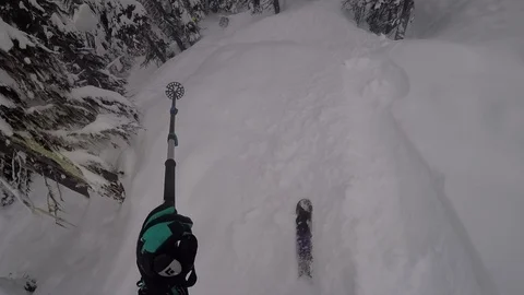 Helmet camera deep snow powder back country trees Stock Footage 87251145