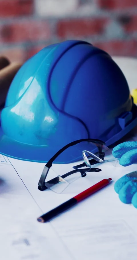 Helmet, construction and blueprint on table with safety documents, architecture Stock Footage 336844780