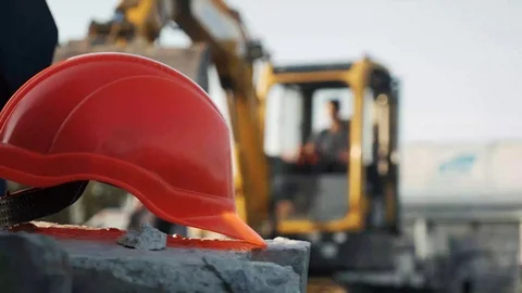 Helmet. Construction area Stock Footage 97837934