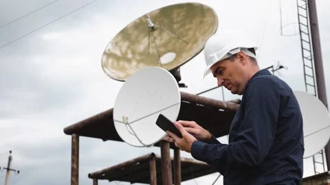 Helmet engineer and with a tablet standing on the roof of the building working Stock Footage 132206012