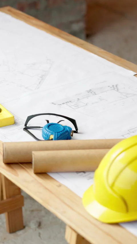 Helmet, floorplan or table at construction site for planning, renovation or Stock Footage 338372829