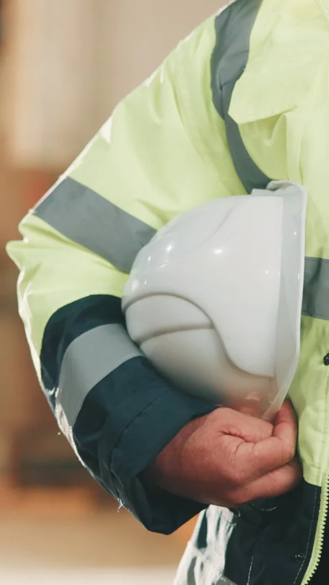 Helmet, man and hands of carpenter in workshop for furniture manufacturing or Stock Footage 343813761