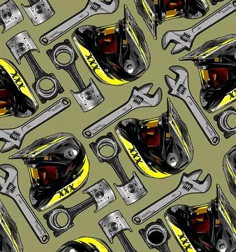 Helmet pattern, piston and wrench vector Stock Illustration