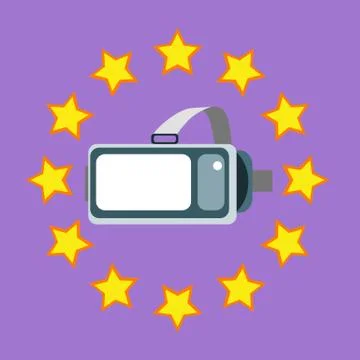 Helmet virtual reality VR surrounded by stars on a purple background. New tec Stock Illustration