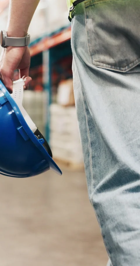 Helmet, walking and hands of man in warehouse for inventory, supply chain and Stock Footage 328160163