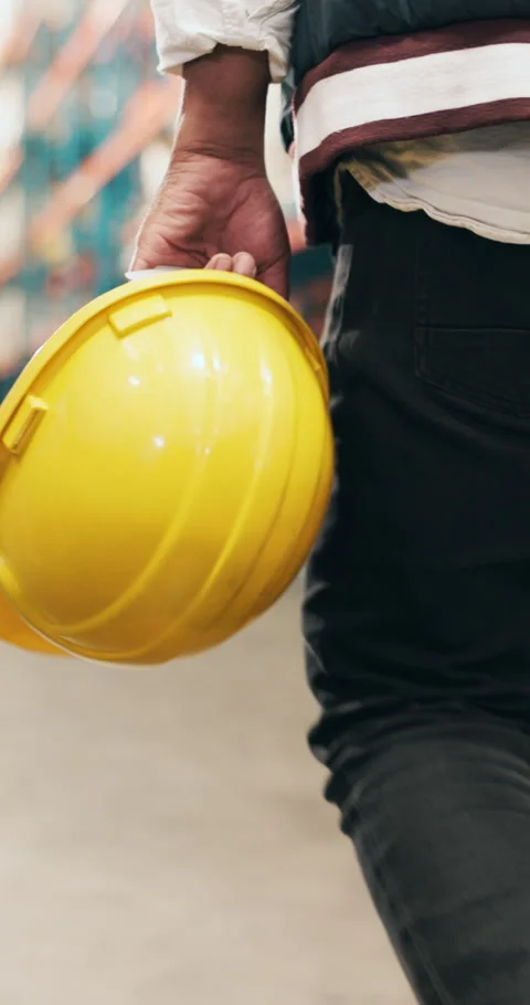 Helmet, walking and hands of man in factory for inventory, supply chain and 動画素材 328160937