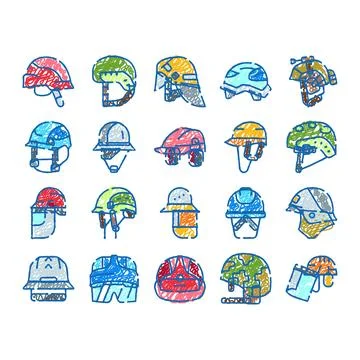 Helmets and protective headwear doodle drawing collection Stock Illustration