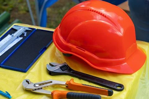 Helmets of builders.  Plastic safety helmets Stock Photos