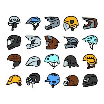 Helmets collection featuring various safety headgear types Stock Illustration
