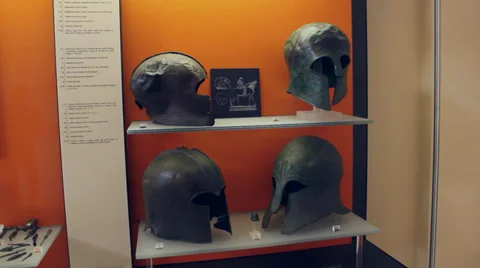 Helmets found in a museum in Delphi, Greece. Video stock 36109139