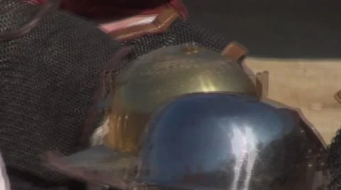 Helmets of Roman Gladiators to go out in arena Stock Footage 50930893