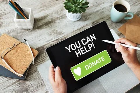 Help and donation button on device screen. Stock Photos