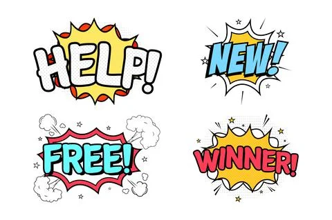 Help and New comic blast with blue, white, red, and yellow colors. Free and W Stock Illustration