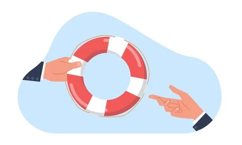 Help and support to drowning. Hand extending lifeline. Giving swimming ring to Stock Illustration