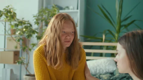 Help and Support. Red Haired Unhappy Depressed Teenager Girl Talks Stock Footage 212181808
