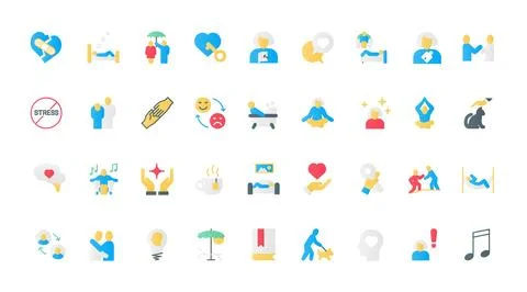 Help and support in stress, wellbeing flat icons set, symbols of self mind Stock Illustration