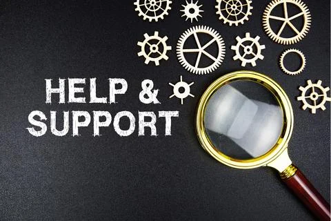 Help and Support text message with magnifying glass on black background 스톡 사진