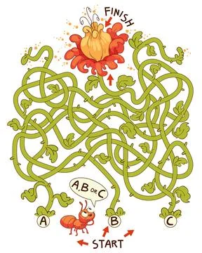 Help the ant through the maze. Educational game for kids. Choose right path Illustrazione stock