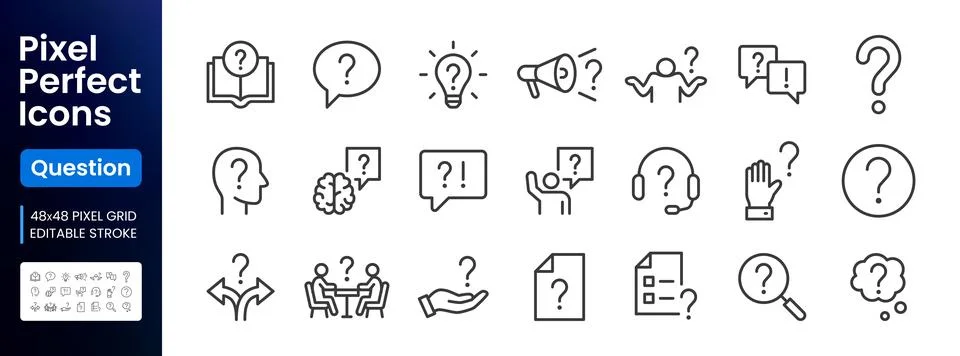 Help, ask question line icon set. FAQ, support, secret info, problem solution Ilustração Stock
