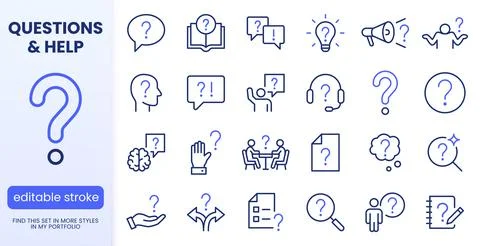 Help, ask question line icon set. FAQ, support, secret info, problem solution Illustration