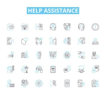 Help assistance linear icons set. Support, Aid, Guidance, Assistance, Care Ilustración de archivo
