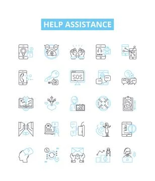Help assistance vector line icons set. Aid, Assist, Support, Abet, Backing Ilustración de archivo