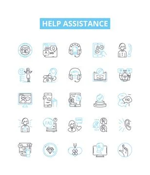 Help assistance vector line icons set. Aid, Assist, Support, Abet, Backing Ilustración de archivo