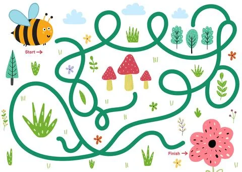 Help the bee find path to the flower. Choose the correct way maze puzzle for Stock Illustration