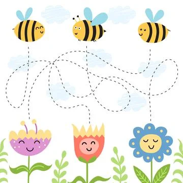 Help the bees find path to the flowers. Maze game for kids with cute characters Stock Illustration