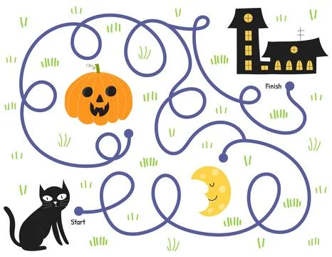 Help a black cat find path to the house. Halloween maze game for kids in cartoon Stock Illustration