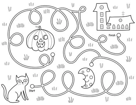 Help a black cat find path to the house. Black and white Halloween maze game Illustrazione stock