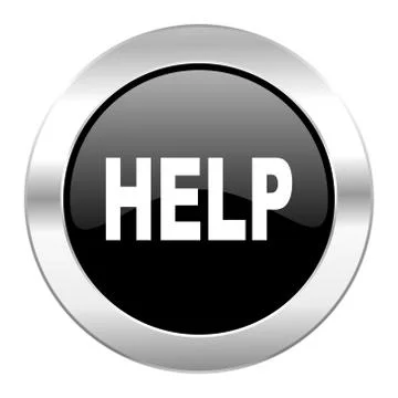 Help black circle glossy chrome icon isolated. Stock Illustration