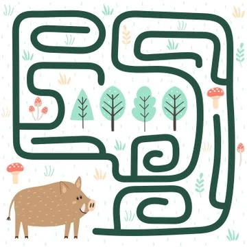Help the boar find the way to the forest. Labyrinth for kids Stock Illustration