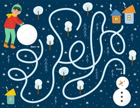 Help the boy build a snowman. Winter maze game for kids. Preschool activity page Stock-Illustration