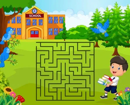 Help the boy to find his school, maze game Stock Illustration
