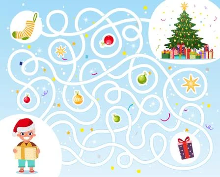 Help the boy find his way to the Christmas gifts. Labyrinth for children. An Stock Illustration