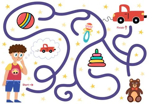 Help the boy find path to the toy car. Choose the correct way maze puzzle for Stock Illustration