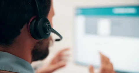 Help, call center or man with computer screen for technical support, virtual Video stock 335923226