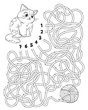 Help cat find the right thread that leads to the ball of wool. Children logic Stock Illustration