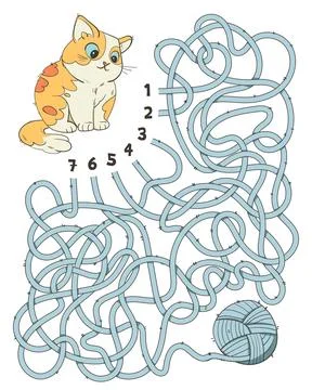 Help cat find the right thread that leads to the ball of wool.. Children lo.. Stock Illustration