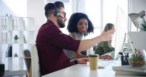 Help, computer and business people in call center for contact us, consulting and Stock Footage 345874331