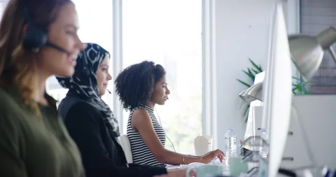 Help, computer and manager with people in call center for contact us, consulting Stock Footage 345874055