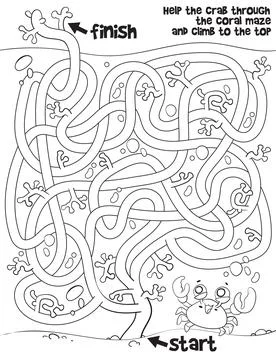 Help the crab through the coral maze and climb to the top. Coloring book Stock Illustration