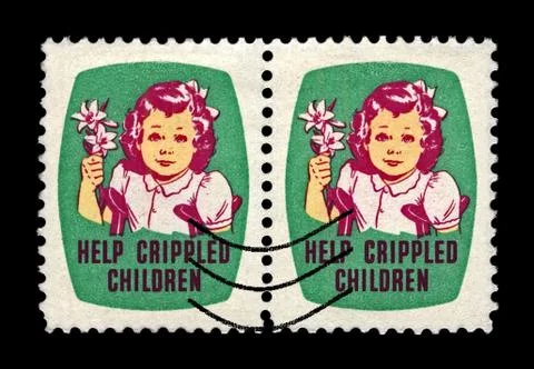 Help Crippled children. Girl with Easter lily flower. Christmas seals stamp,USA. Stock Photos