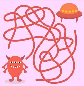 Help cute alien monster find path to UFO spaceship. Labyrinth. Maze game for kid Stock Illustration