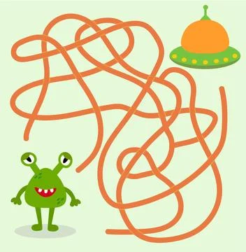 Help cute alien monster find path to UFO spaceship. Labyrinth. Maze game for kid Stock Illustration